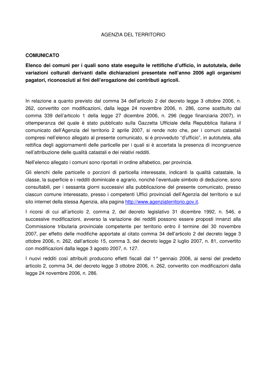 AGENZIA DEL TERRITORIO COMUNICATO Elenco Dei