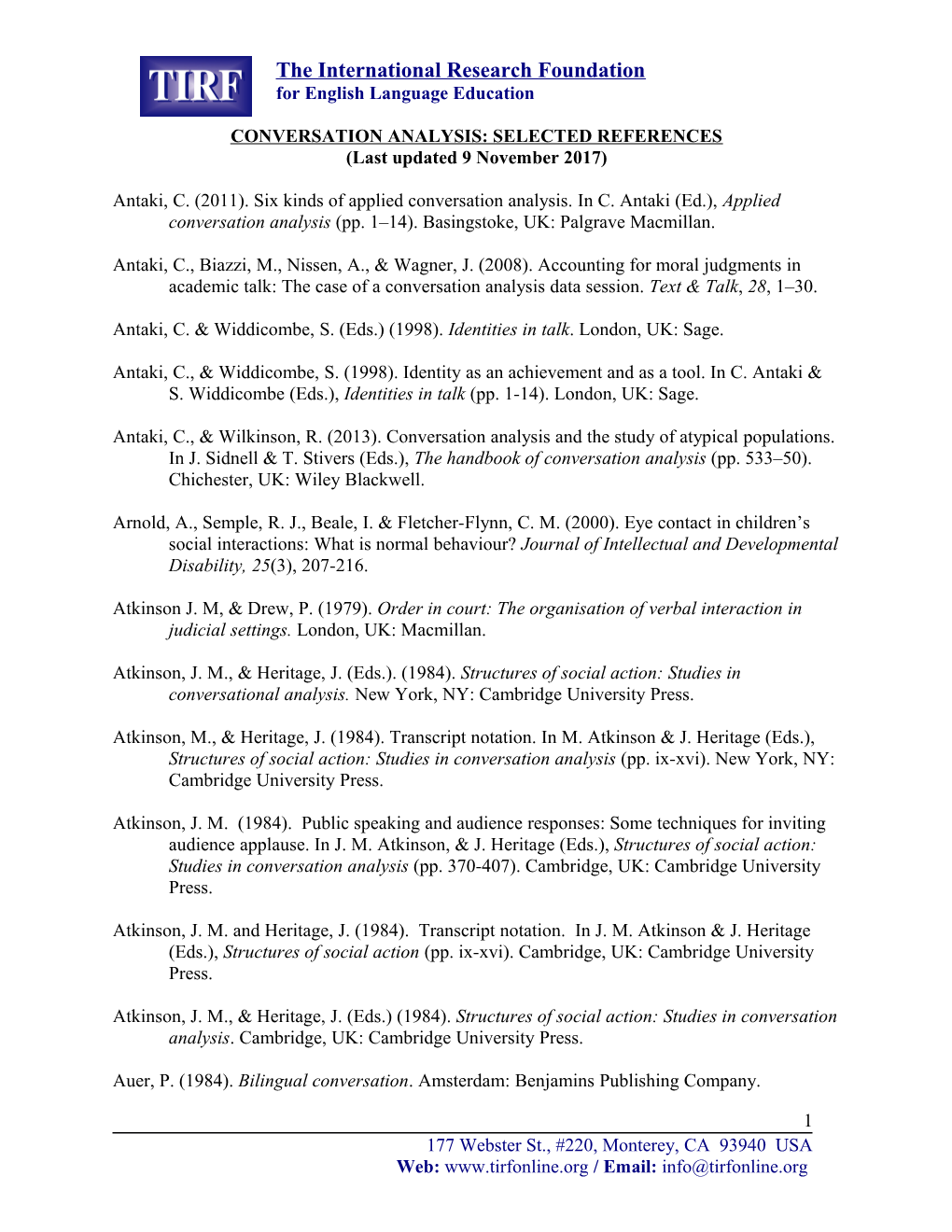 Conversation Analysis: Selected References