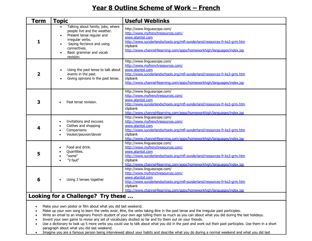 Year Outline Scheme of Work French