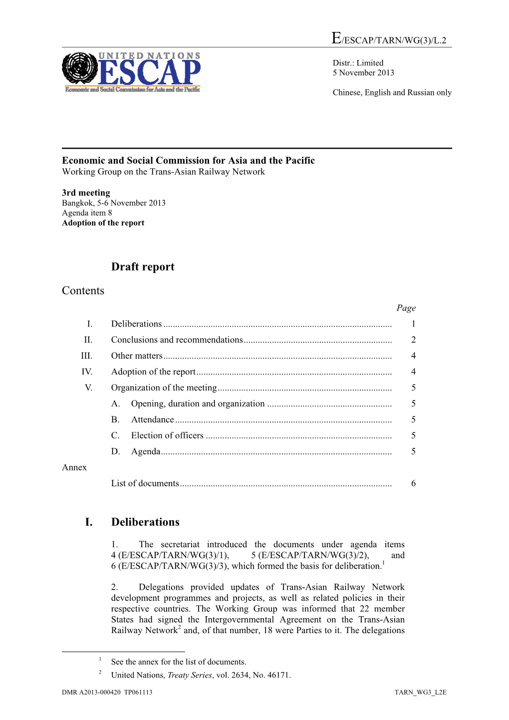 Draft Report Contents Page I