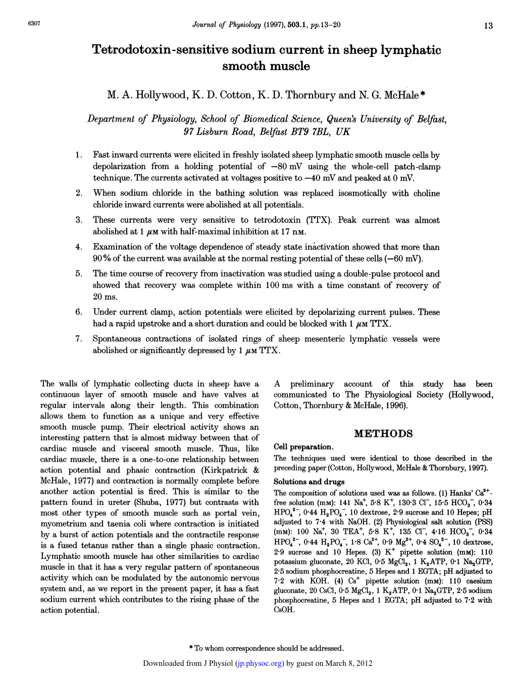 Tetrodotoxin-Sensitive Sodium Current in Sheep Lymphatic Smooth Muscle