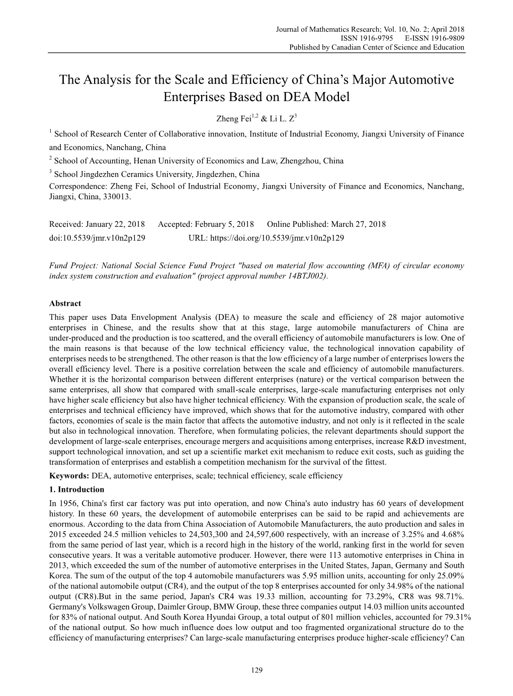 The Analysis for the Scale and Efficiency of China's Major Automotive Enterprises Based on DEA Model