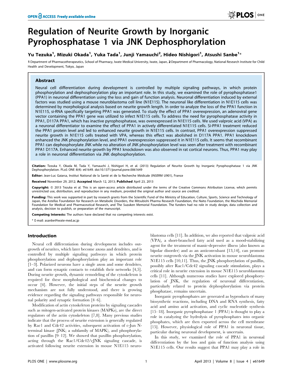 Regulation of Neurite Growth by Inorganic Pyrophosphatase 1 Via JNK Dephosphorylation