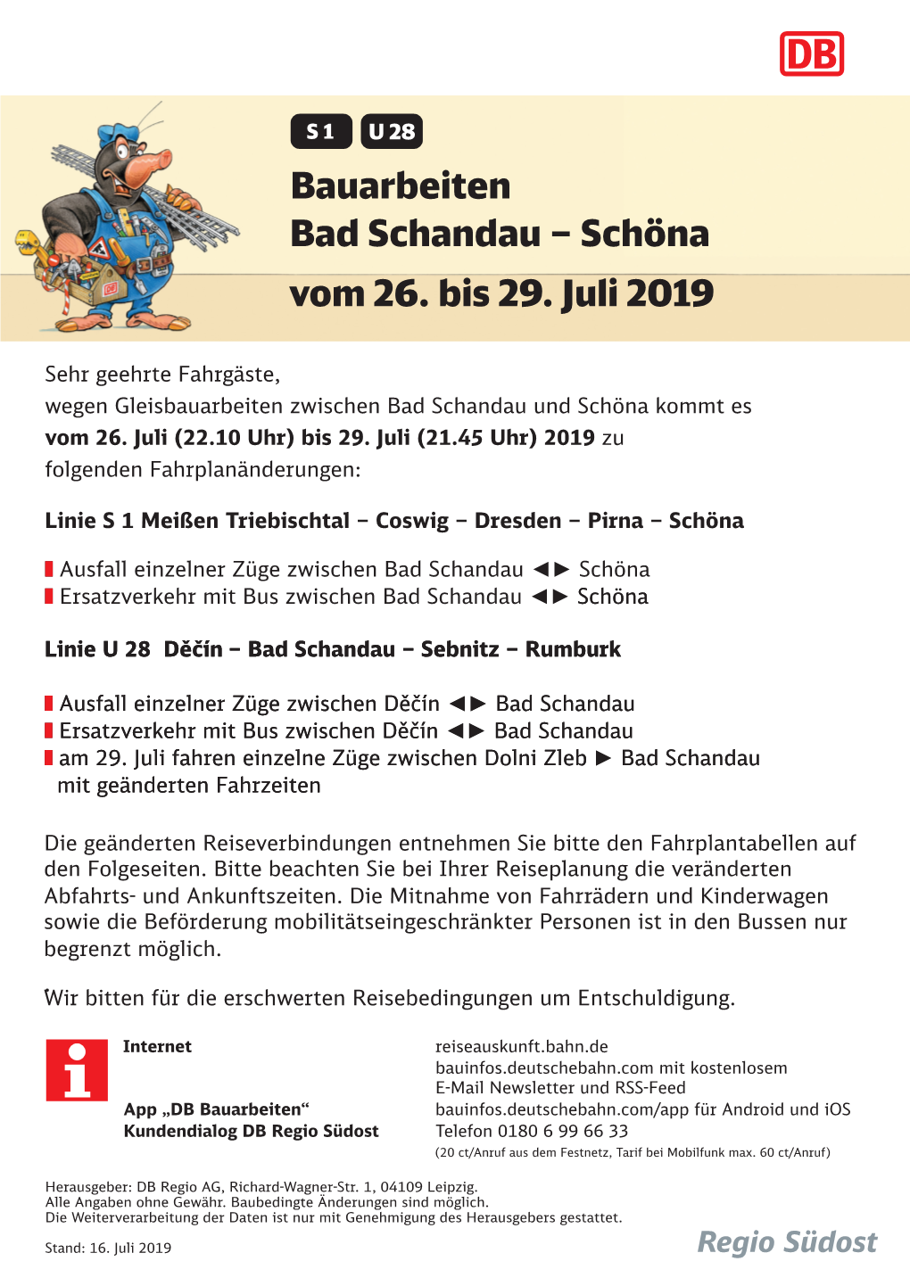 Bauarbeiten Bad Schandau – Schöna Vom 26. Bis 29. Juli 2019