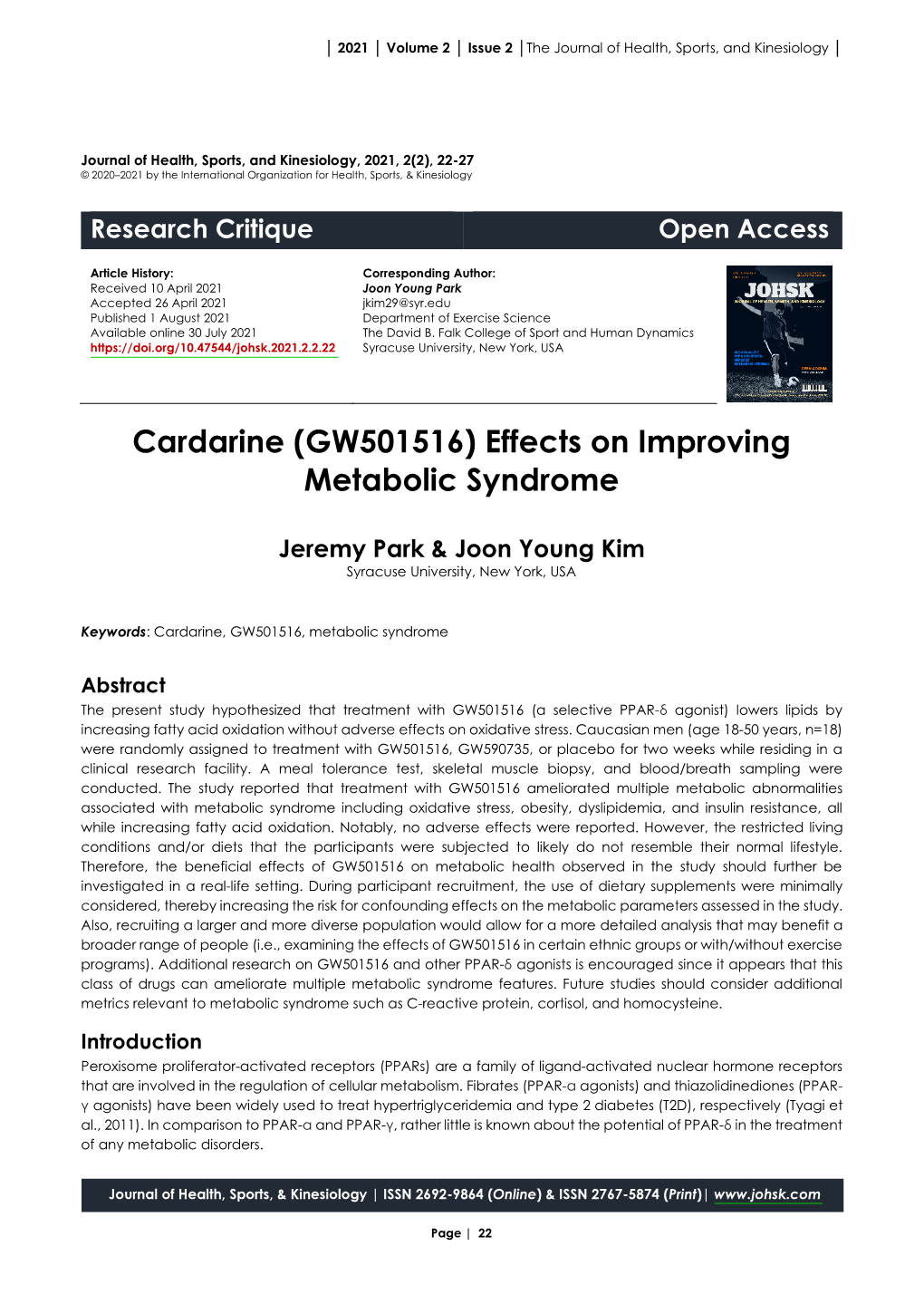 Cardarine (GW501516) Effects on Improving Metabolic Syndrome