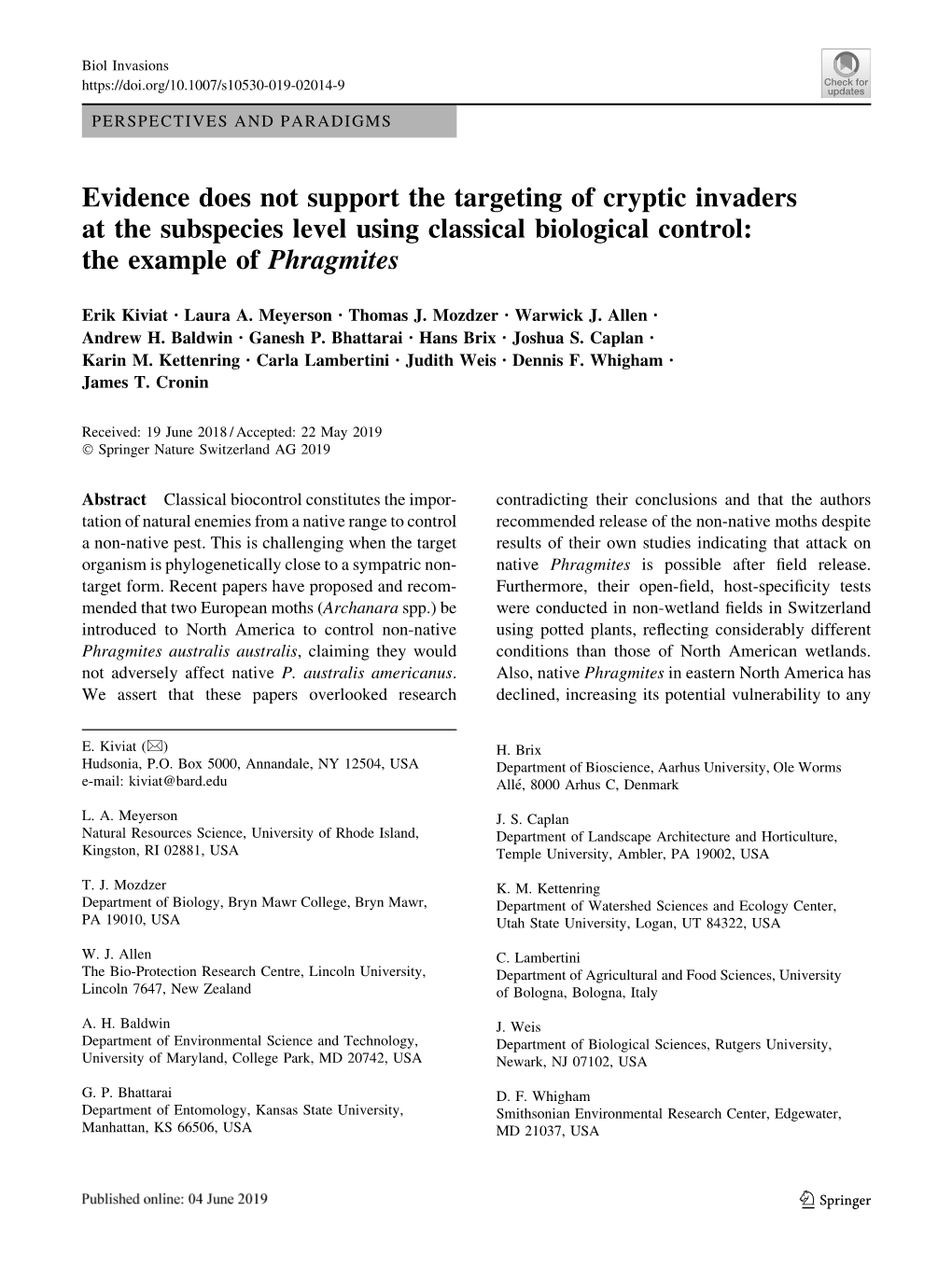 Evidence Does Not Support the Targeting of Cryptic Invaders at the Subspecies Level Using Classical Biological Control: the Example of Phragmites