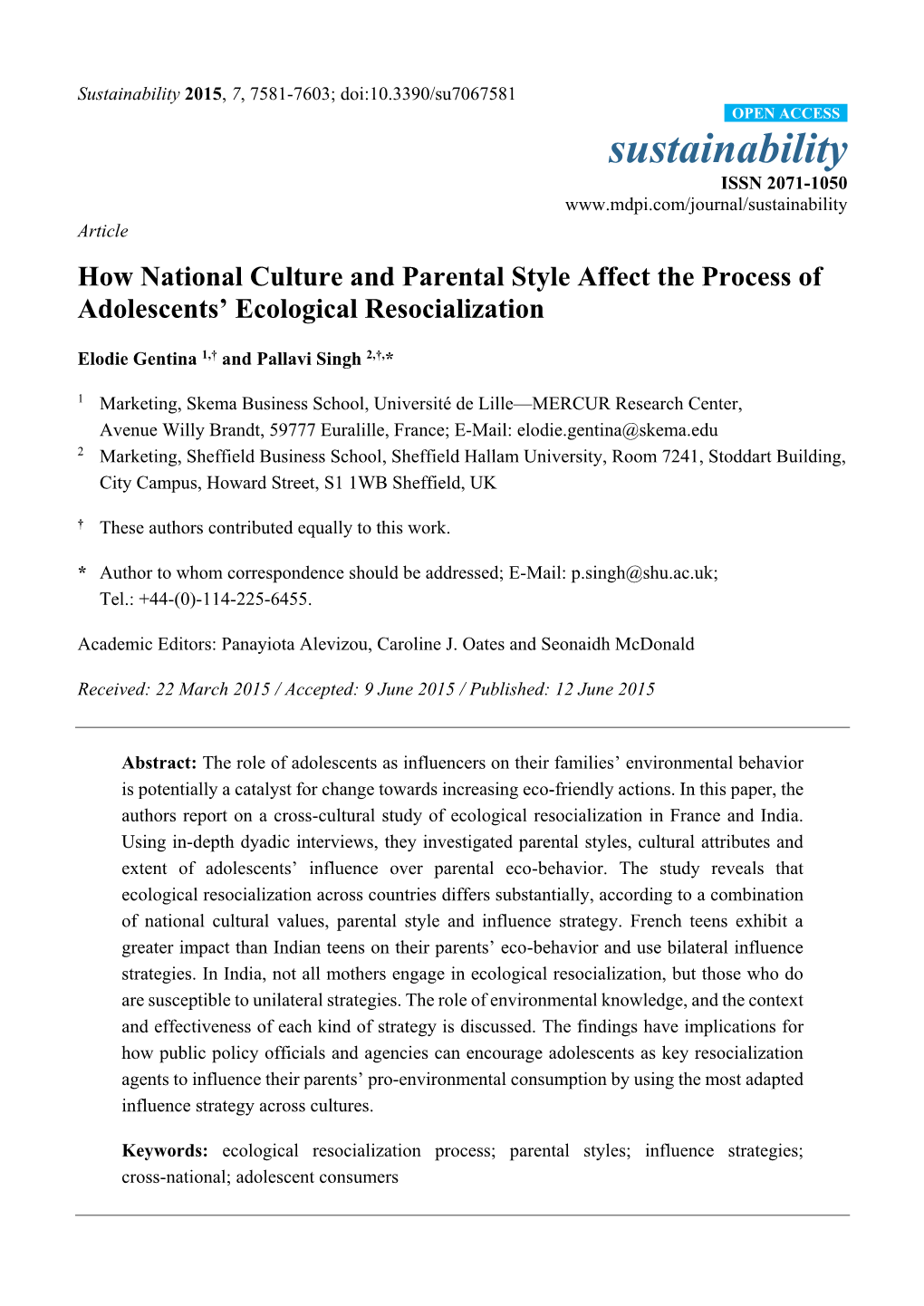 How National Culture and Parental Style Affect the Process of Adolescents’ Ecological Resocialization