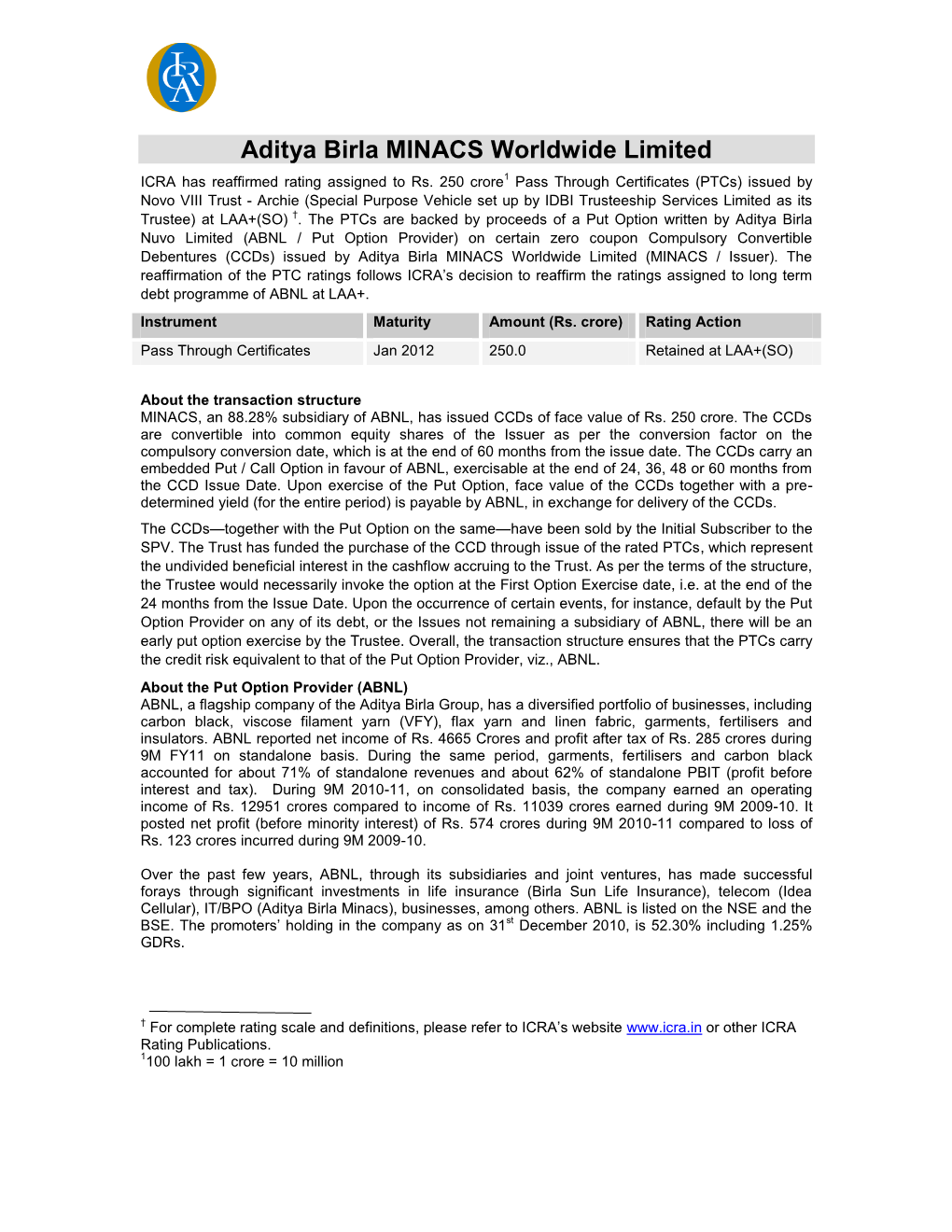 Aditya Birla MINACS Worldwide Limited ICRA Has Reaffirmed Rating Assigned to Rs