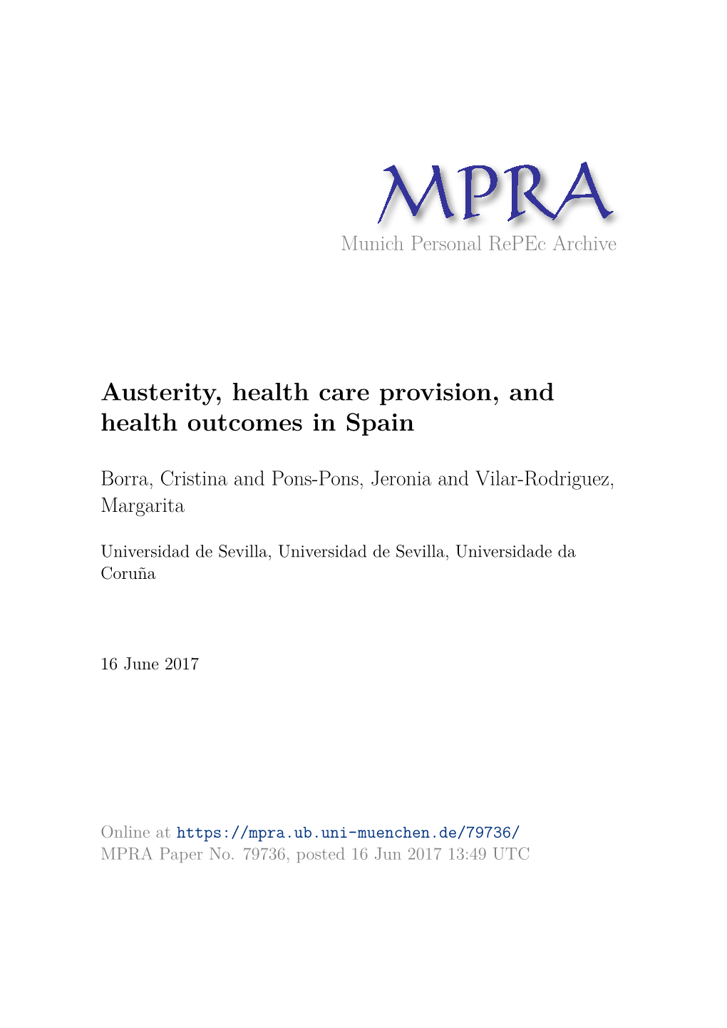 Austerity, Health Care Provision, and Health Outcomes in Spain