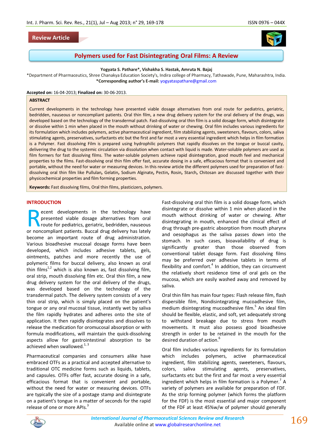 Polymers Used for Fast Disintegrating Oral Films: a Review