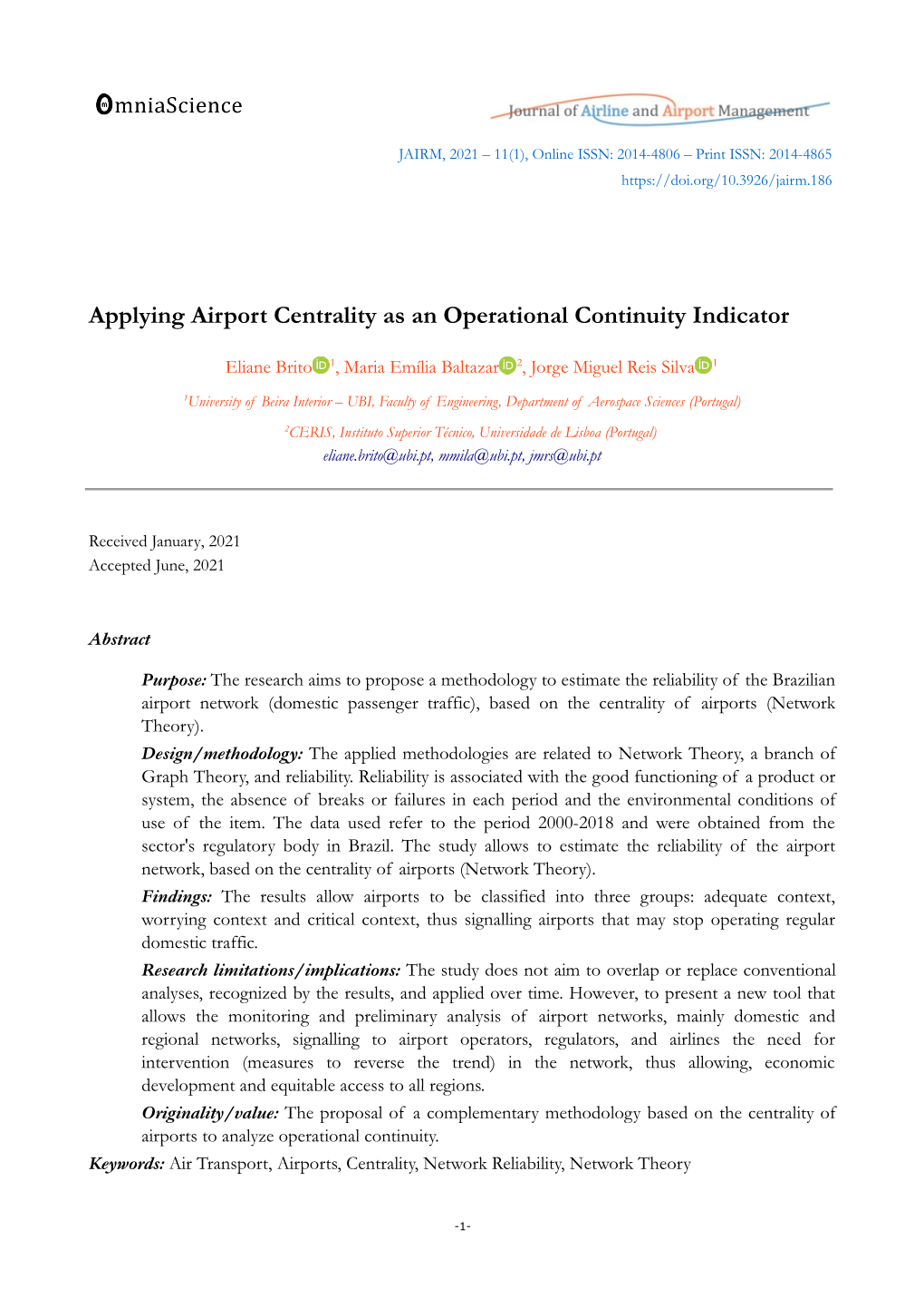 Applying Airport Centrality As an Operational Continuity Indicator