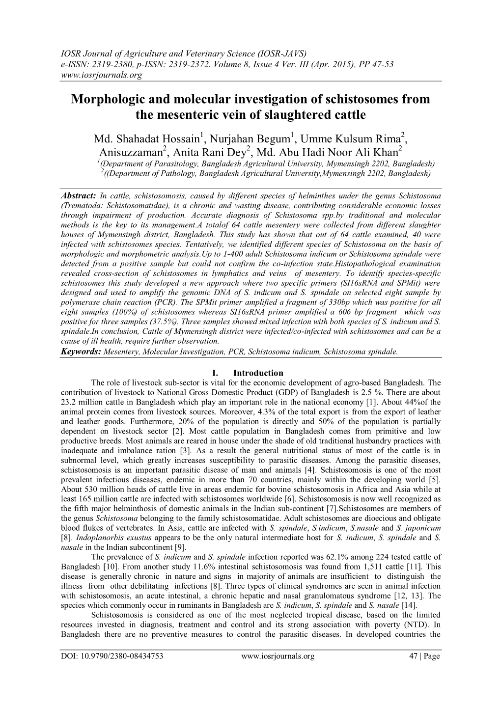 Morphologic and Molecular Investigation of Schistosomes from the Mesenteric Vein of Slaughtered Cattle