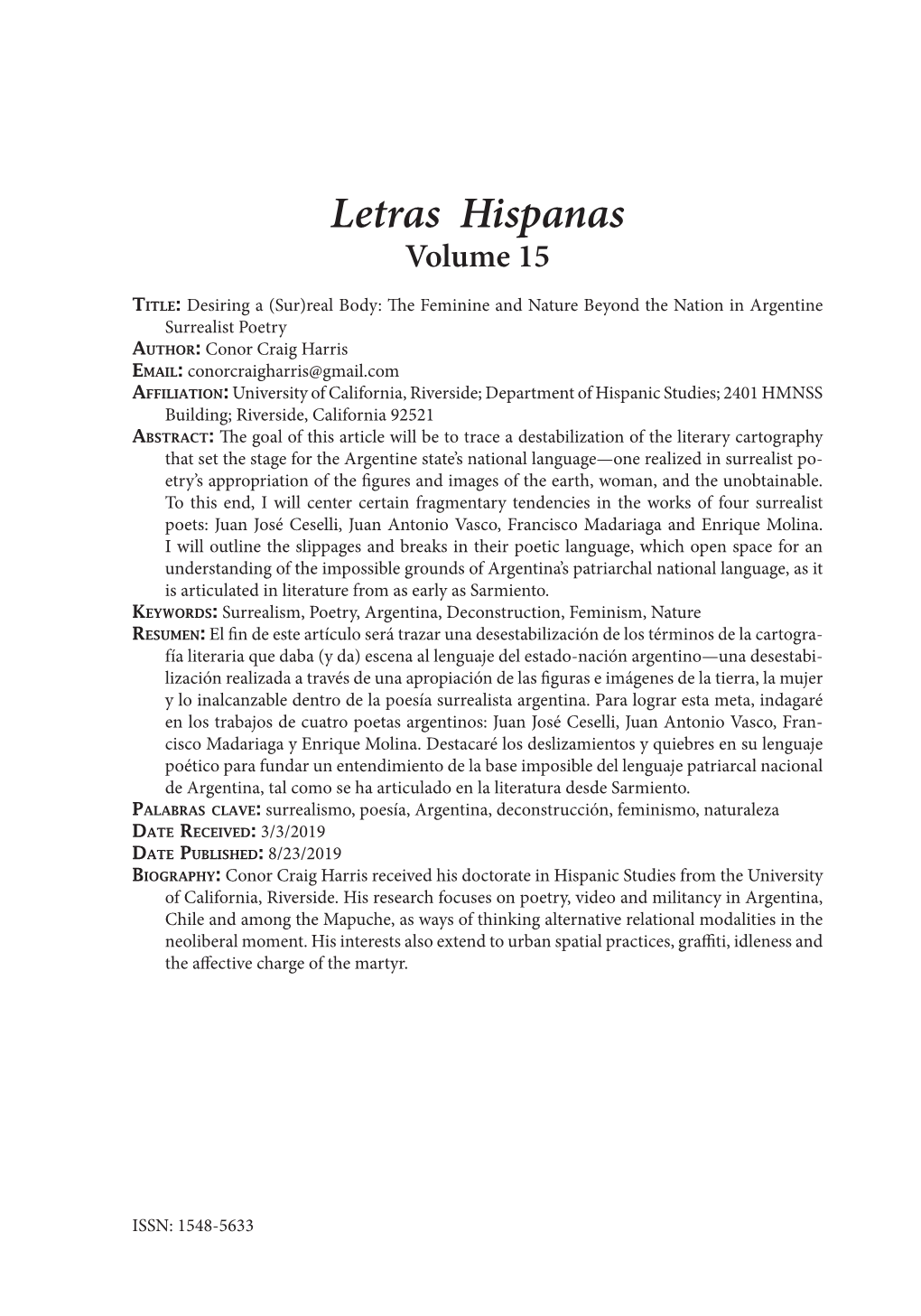 Letras Hispanas Volume 15