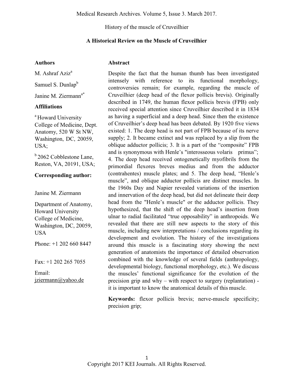 Medical Research Archives. Volume 5, Issue 3. March 2017. History of the Muscle of Cruveilhier Copyright 2017 KEI Journals