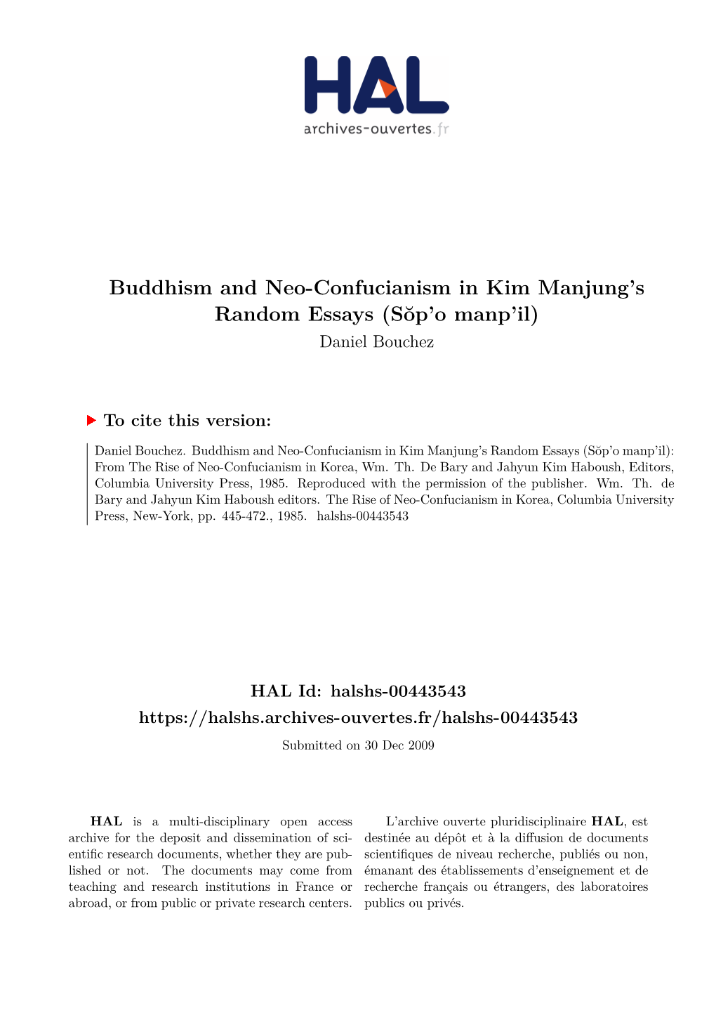 Buddhism and Neo-Confucianism in Kim Manjung's Random Essays (Sŏp'o Manp'il )