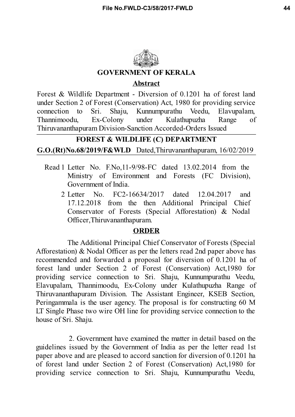 G.O.(Rt)No.68/2019/F&WLD Dated,Thiruvananthapuram, 16/02