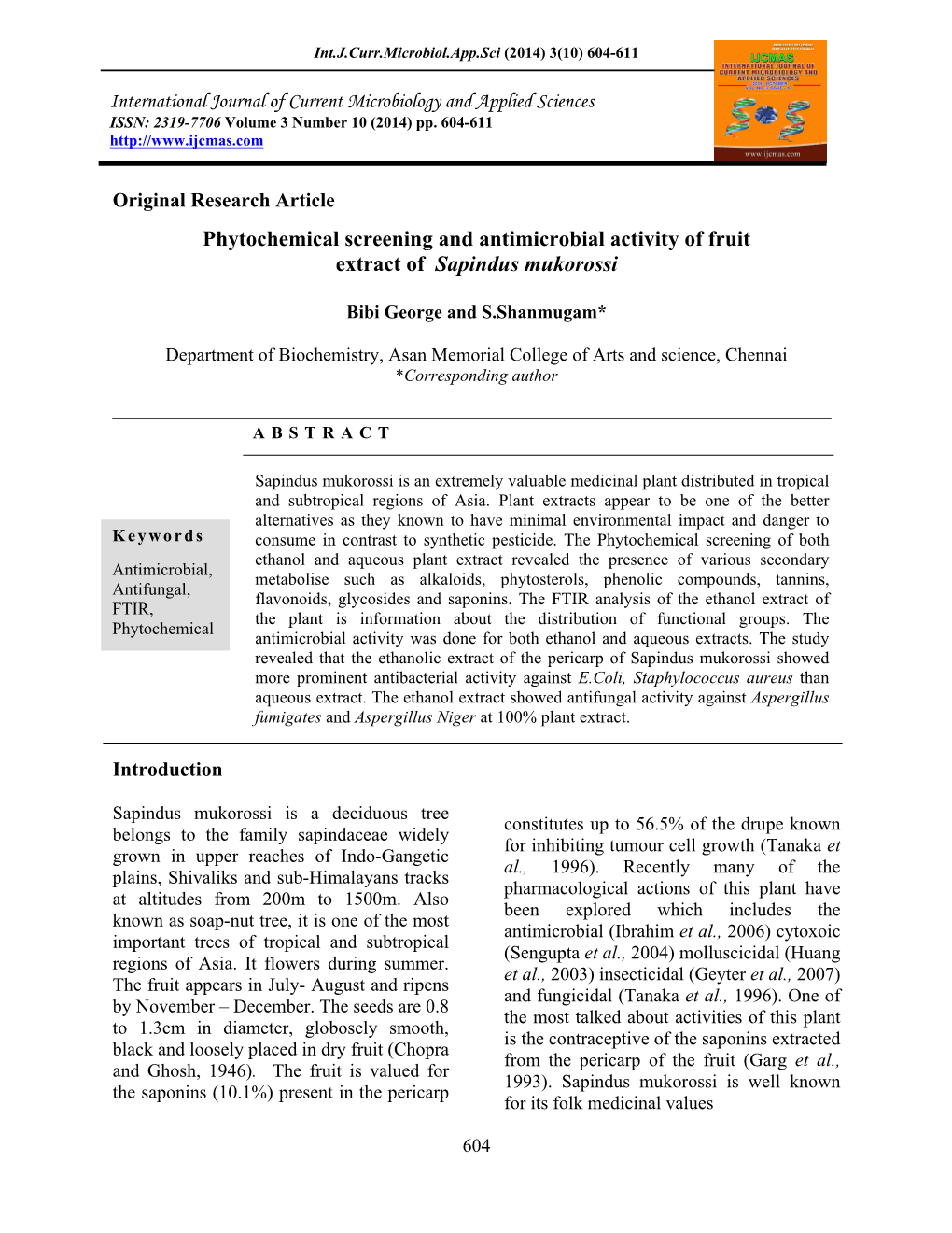 Phytochemical Screening and Antimicrobial Activity of Fruit Extract of Sapindus Mukorossi