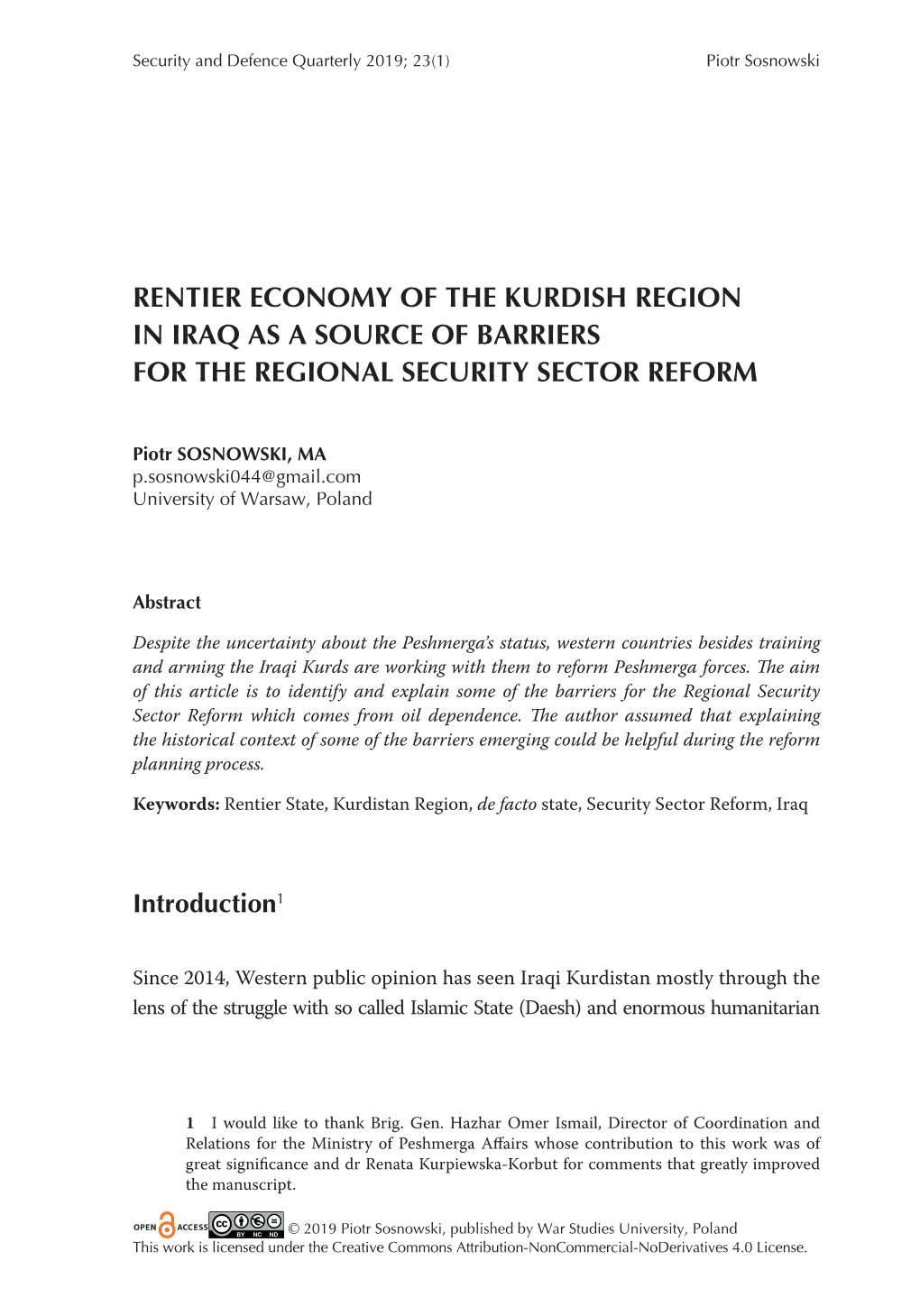 Rentier Economy of the Kurdish Region in Iraq As a Source of Barriers for the Regional Security Sector Reform