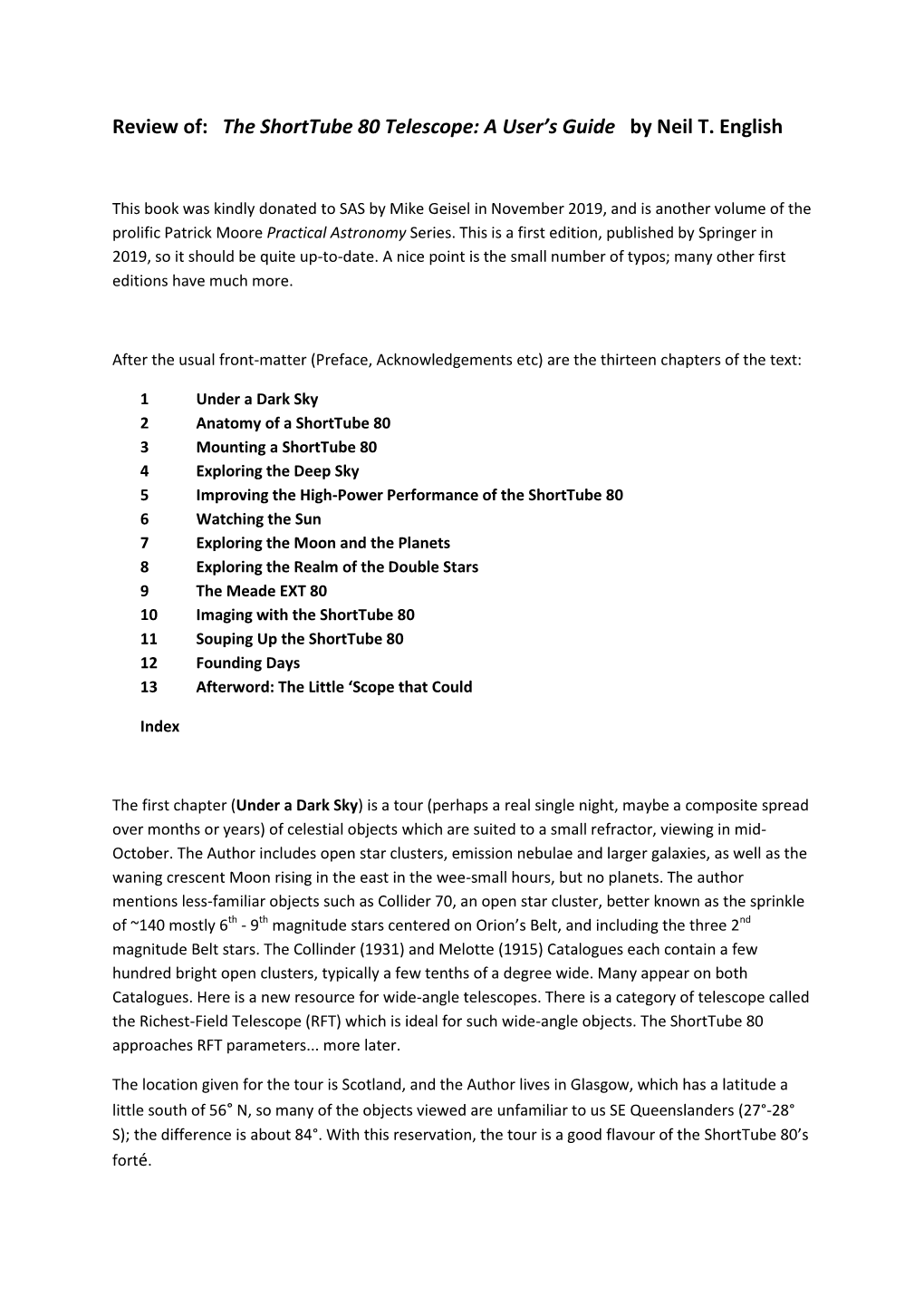 Review Of: the Shorttube 80 Telescope: a User’S Guide by Neil T