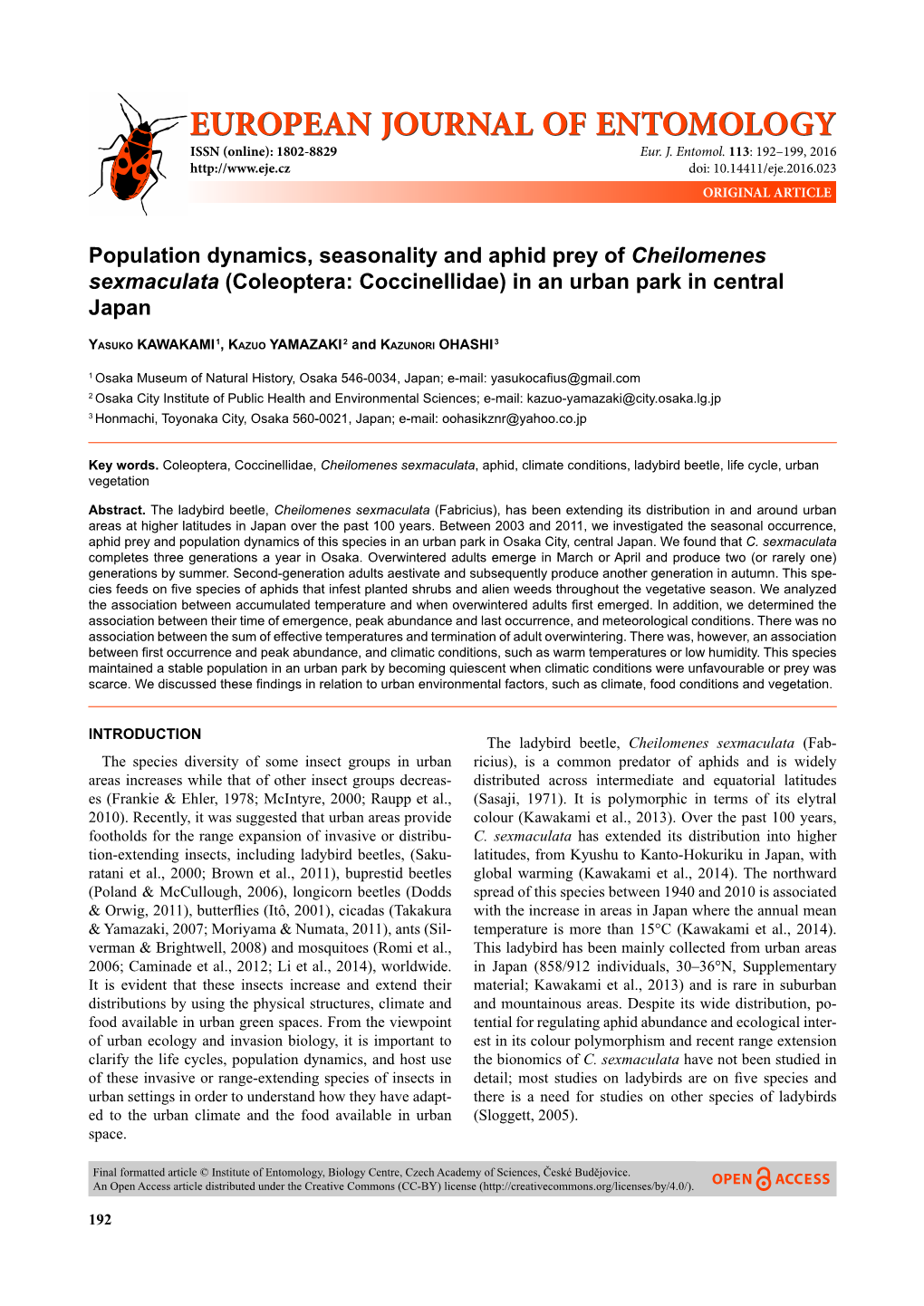 Population Dynamics, Seasonality and Aphid Prey of Cheilomenes Sexmaculata (Coleoptera: Coccinellidae) in an Urban Park in Central Japan