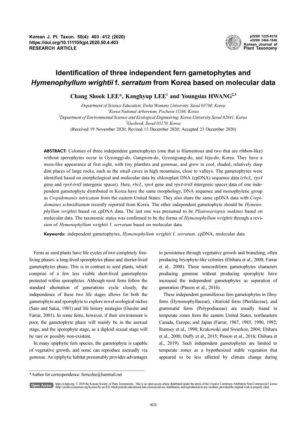 Identification of Three Independent Fern Gametophytes and Hymenophyllum Wrightii F