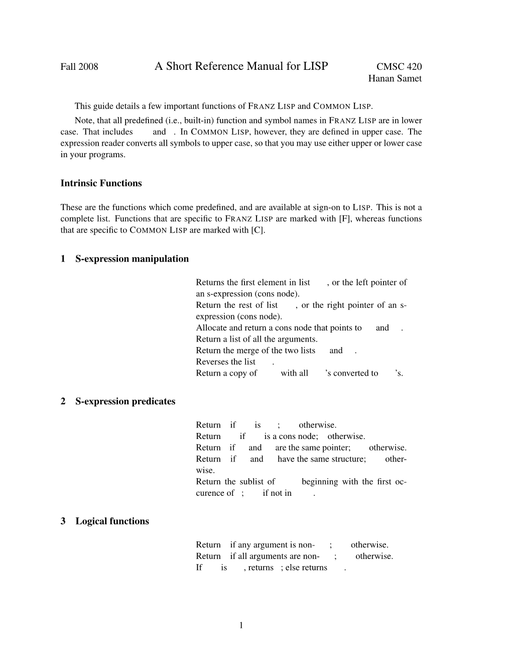 A Short Reference Manual for LISP CMSC 420 Hanan Samet