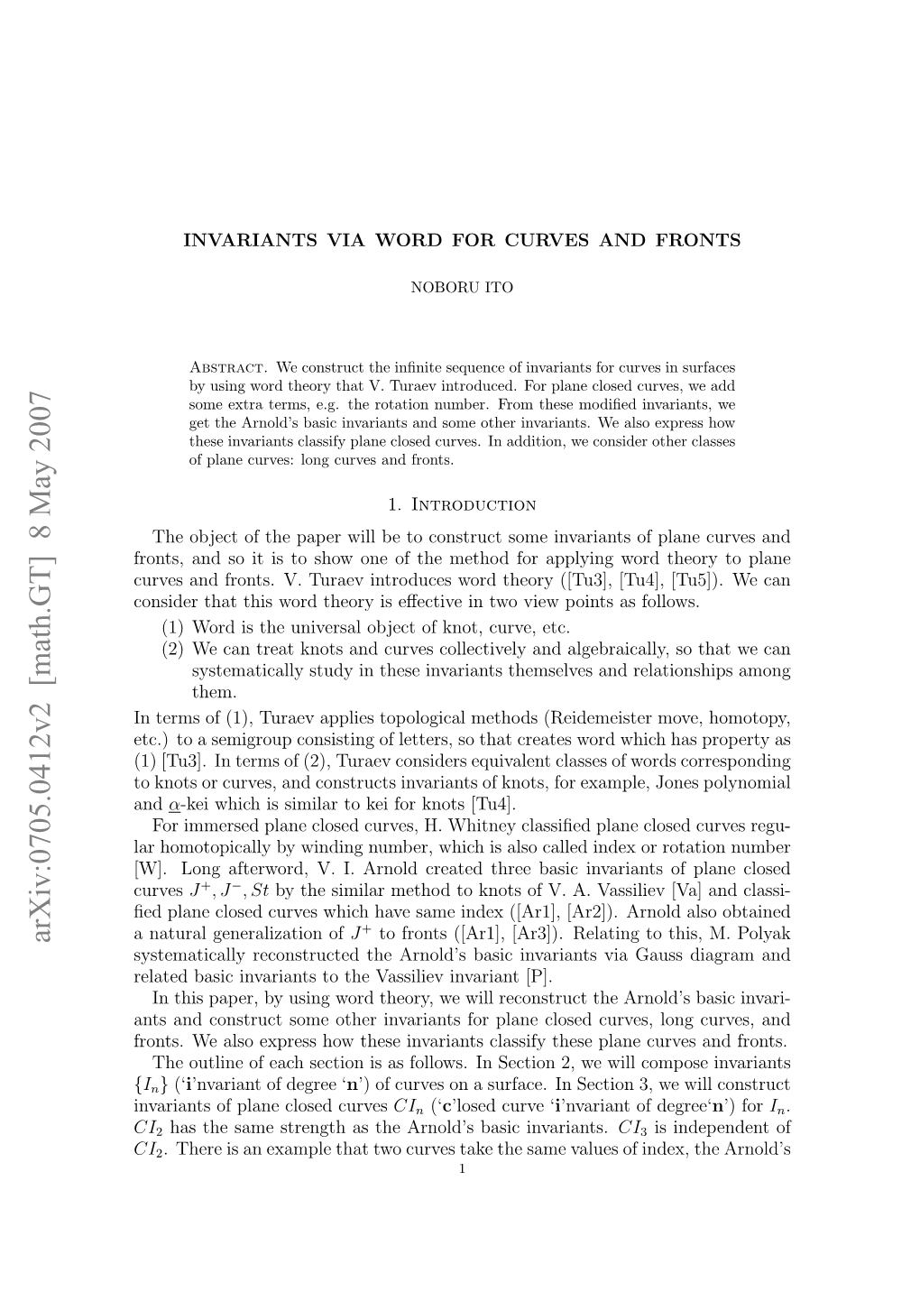 Invariants Via Word for Curves and Fronts