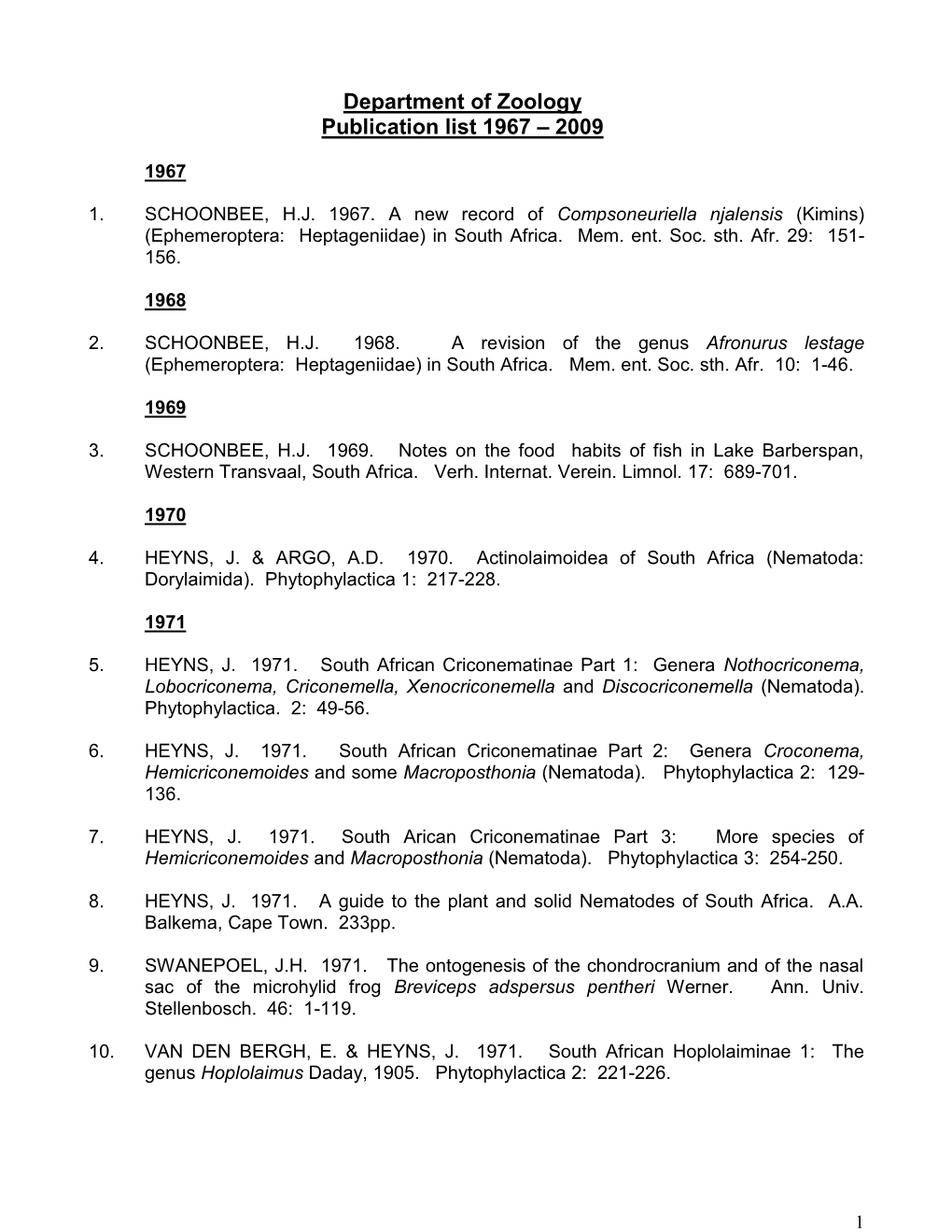 Department of Zoology Publication List 1967 – 2009