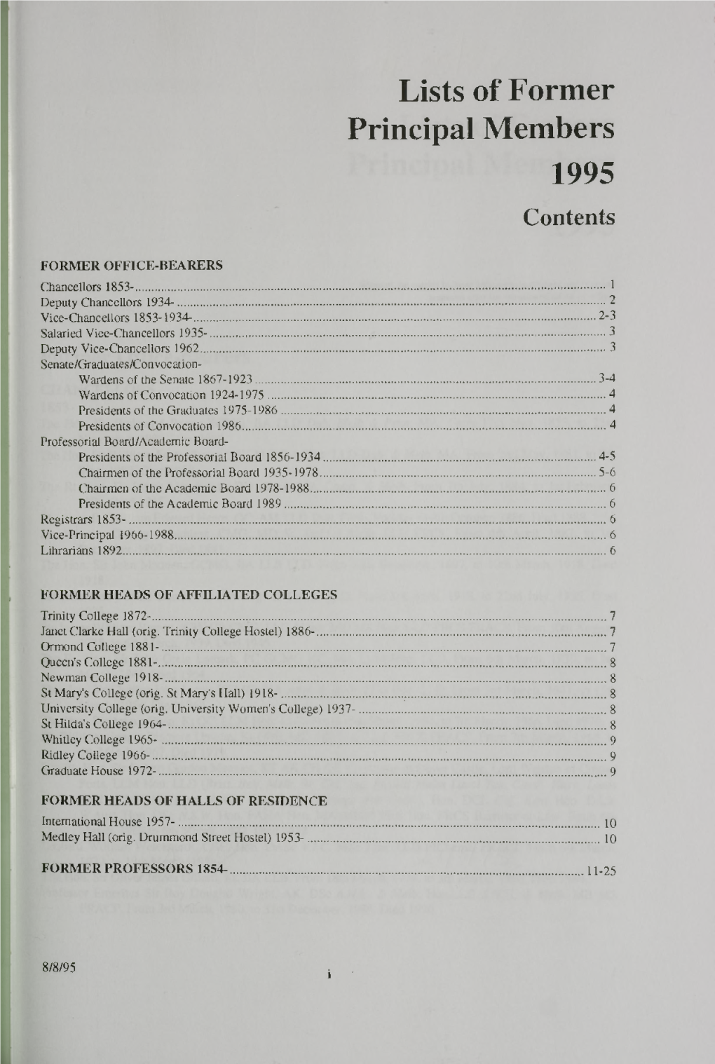 Lists of Former Principal Members 1995 Contents