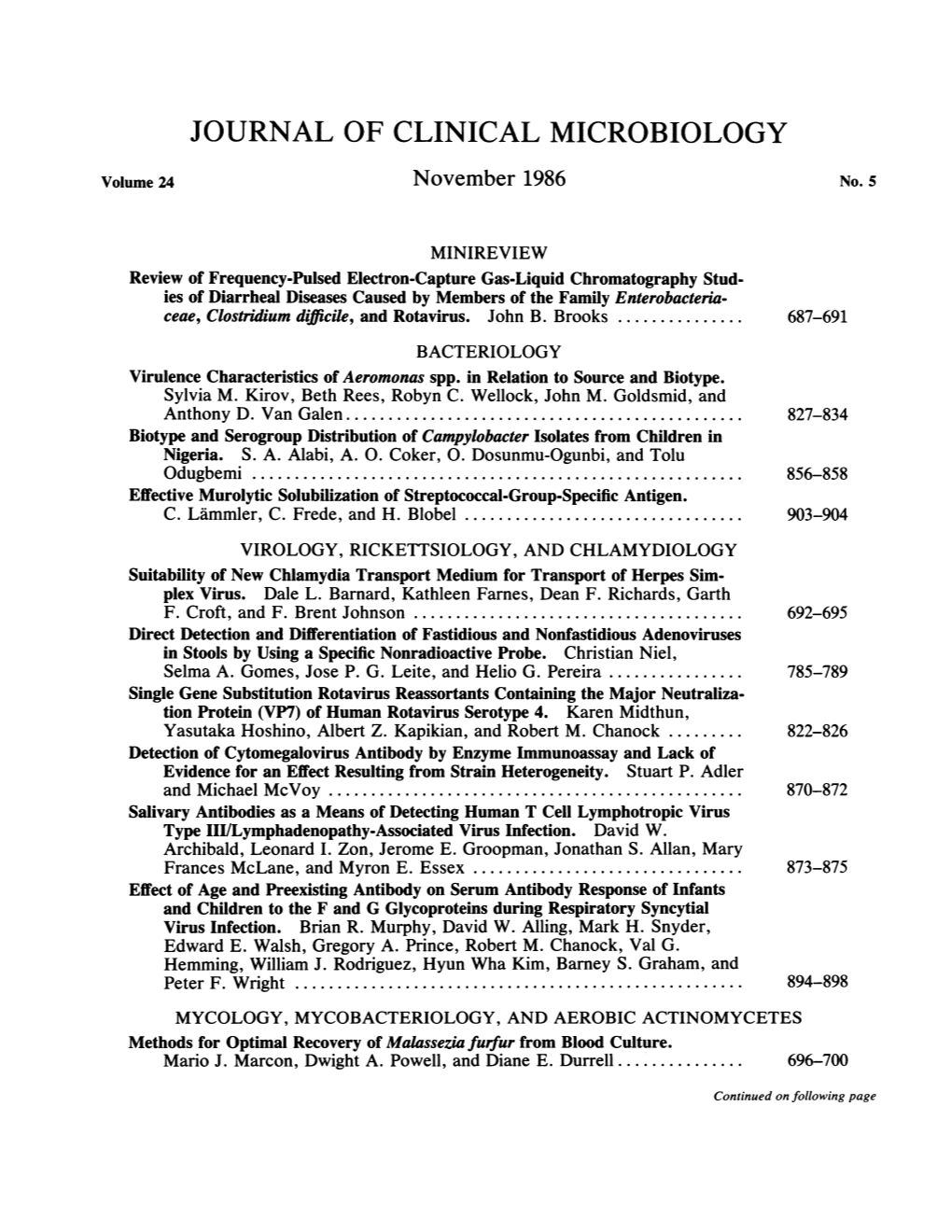 JOURNAL of CLINICAL MICROBIOLOGY Volume 24 November 1986 No.5