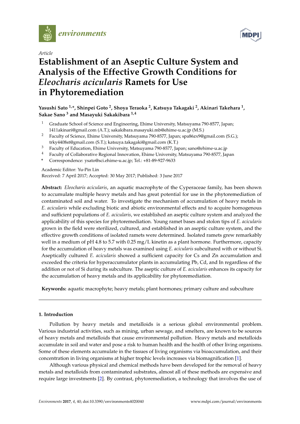 Establishment of an Aseptic Culture System and Analysis of the Effective Growth Conditions for Eleocharis Acicularis Ramets for Use in Phytoremediation