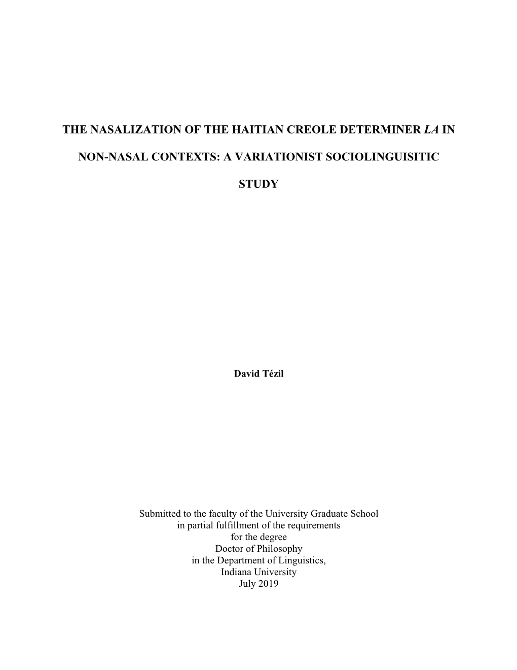 The Nasalization of the Haitian Creole Determiner La In