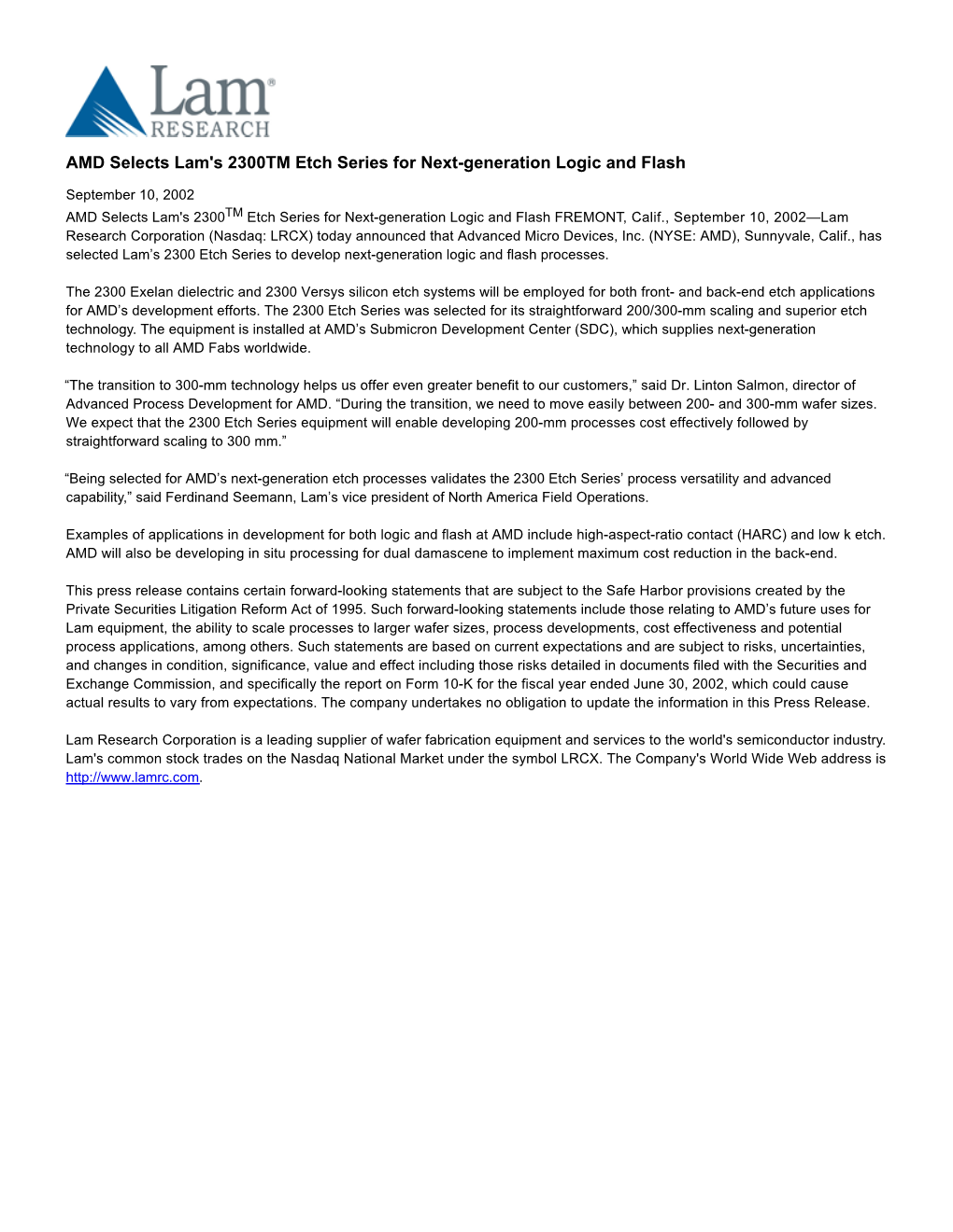 AMD Selects Lam's 2300TM Etch Series for Next-Generation Logic and Flash