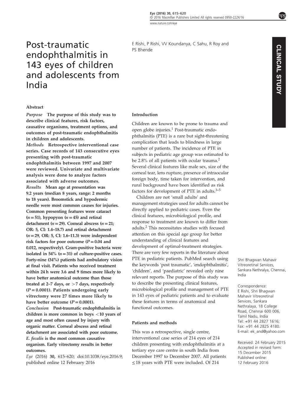Post-Traumatic Endophthalmitis in 143 Eyes of Children and Adolescents from India: Baseline Characteristics and Adolescents from India: Microbiological Proﬁle