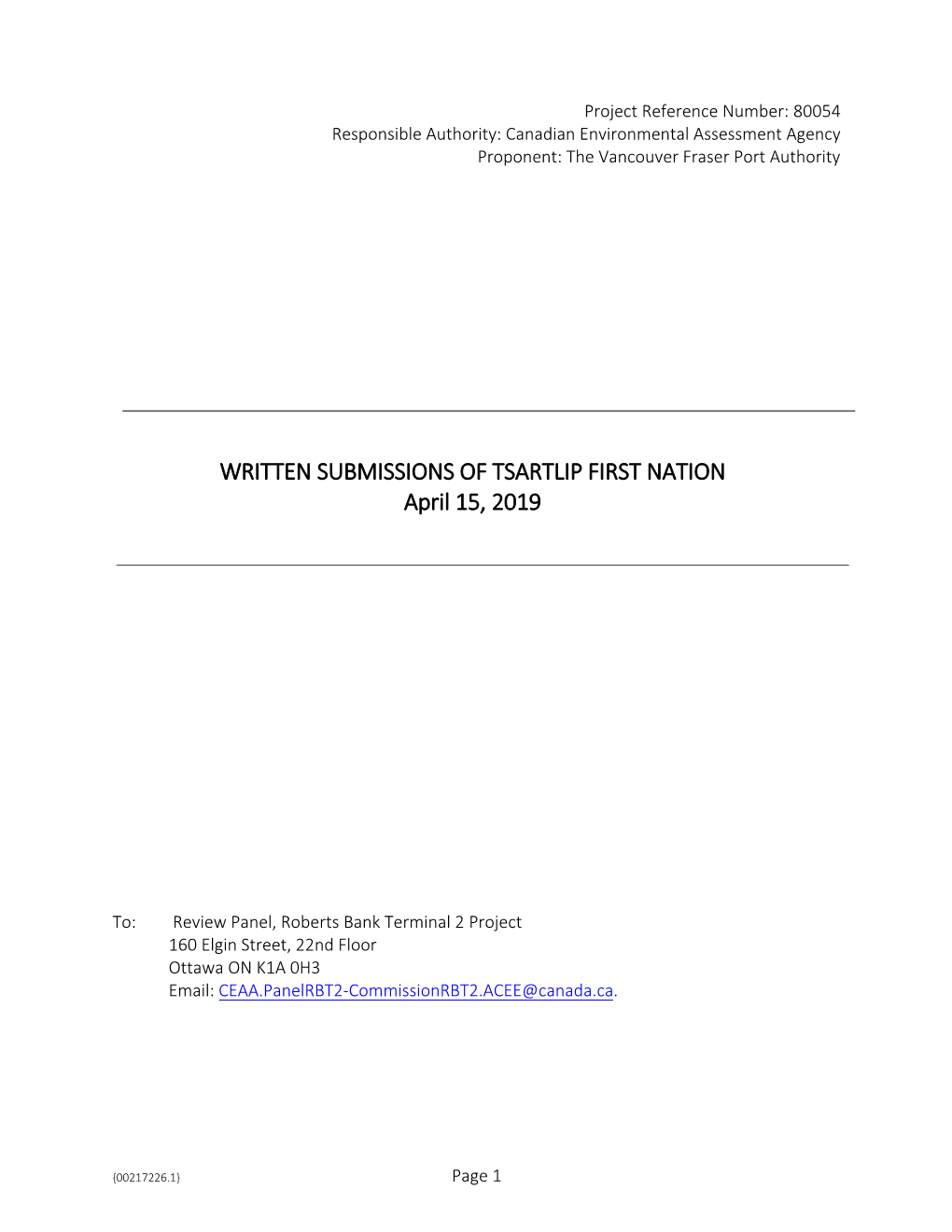 From Tsartlip First Nation to the Review Panel Re