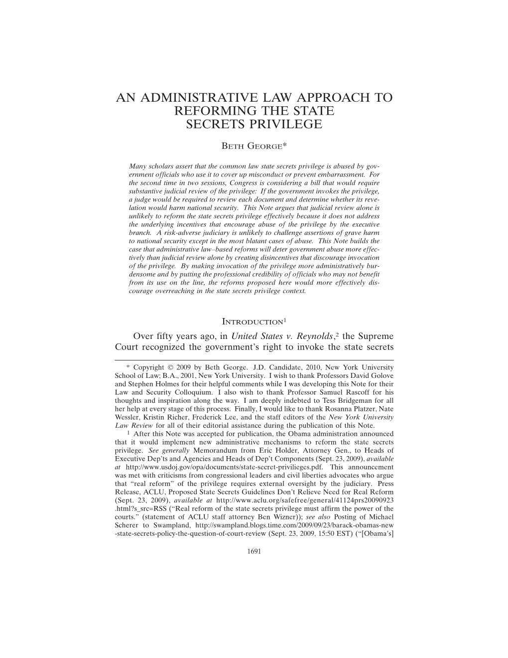 An Administrative Law Approach to Reforming the State Secrets Privilege