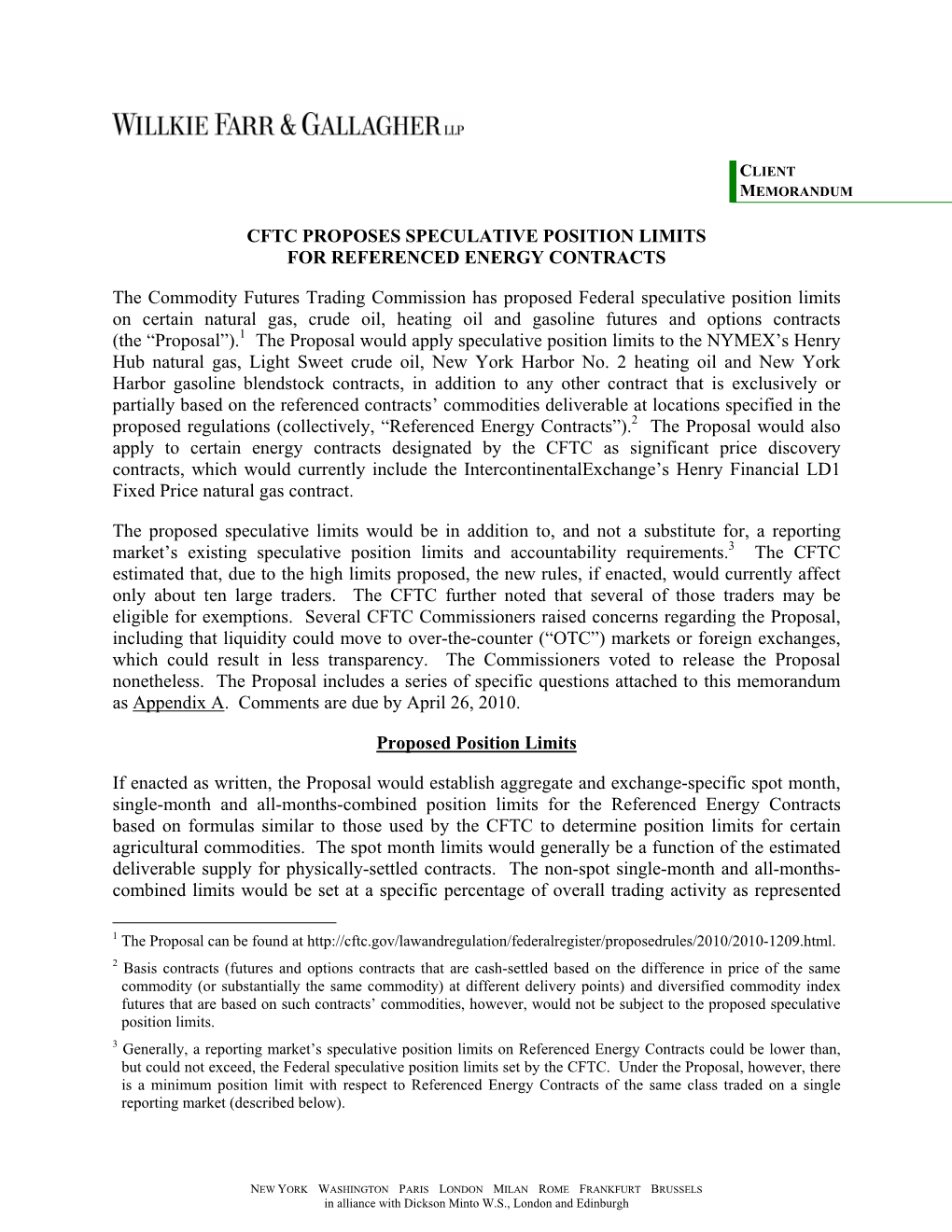 Cftc Proposes Speculative Position Limits for Referenced Energy Contracts