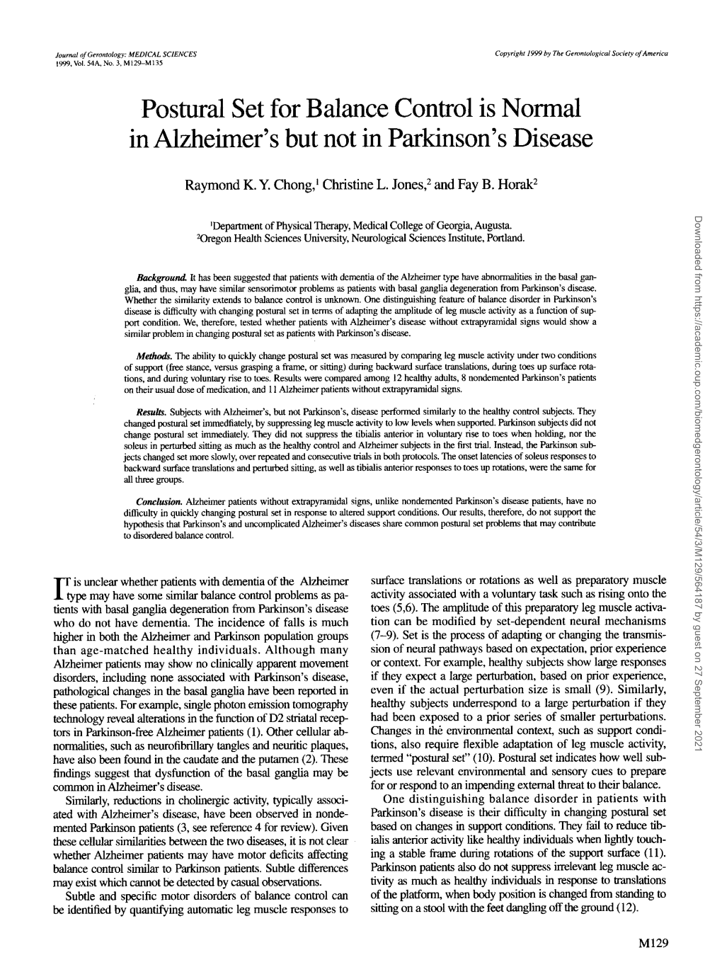 Postural Set for Balance Control Is Normal Inalzheimer's but Not in Parkinson's Disease