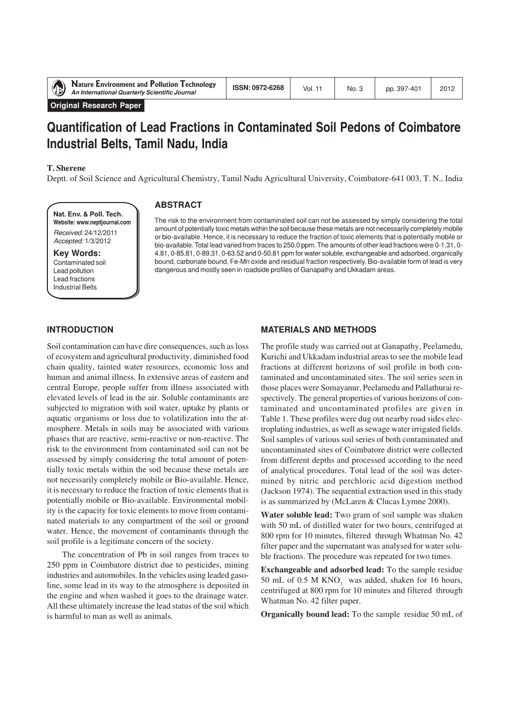 Quantification of Lead Fractions in Contaminated Soil Pedons of Coimbatore Industrial Belts, Tamil Nadu, India