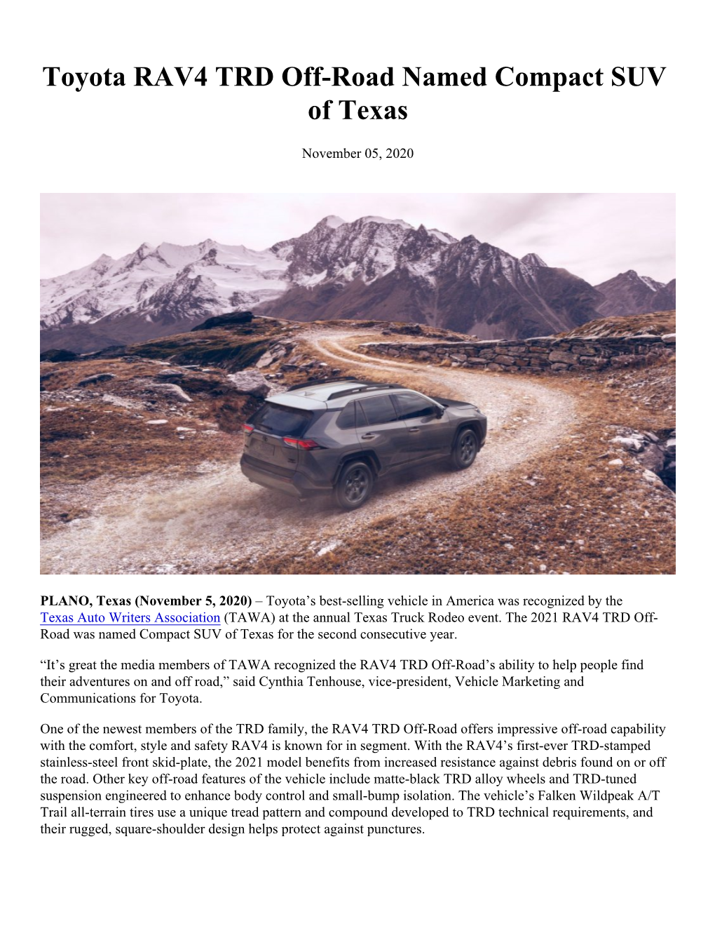 Toyota RAV4 TRD Off-Road Named Compact SUV of Texas
