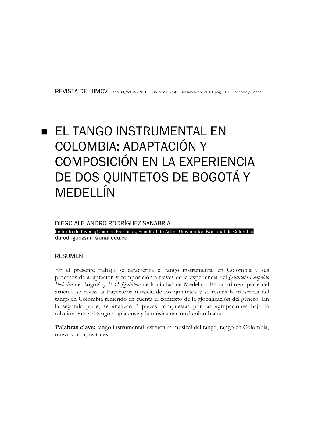 El Tango Instrumental En Colombia: Adaptación Y Composición En La Experiencia De Dos Quintetos De Bogotá Y