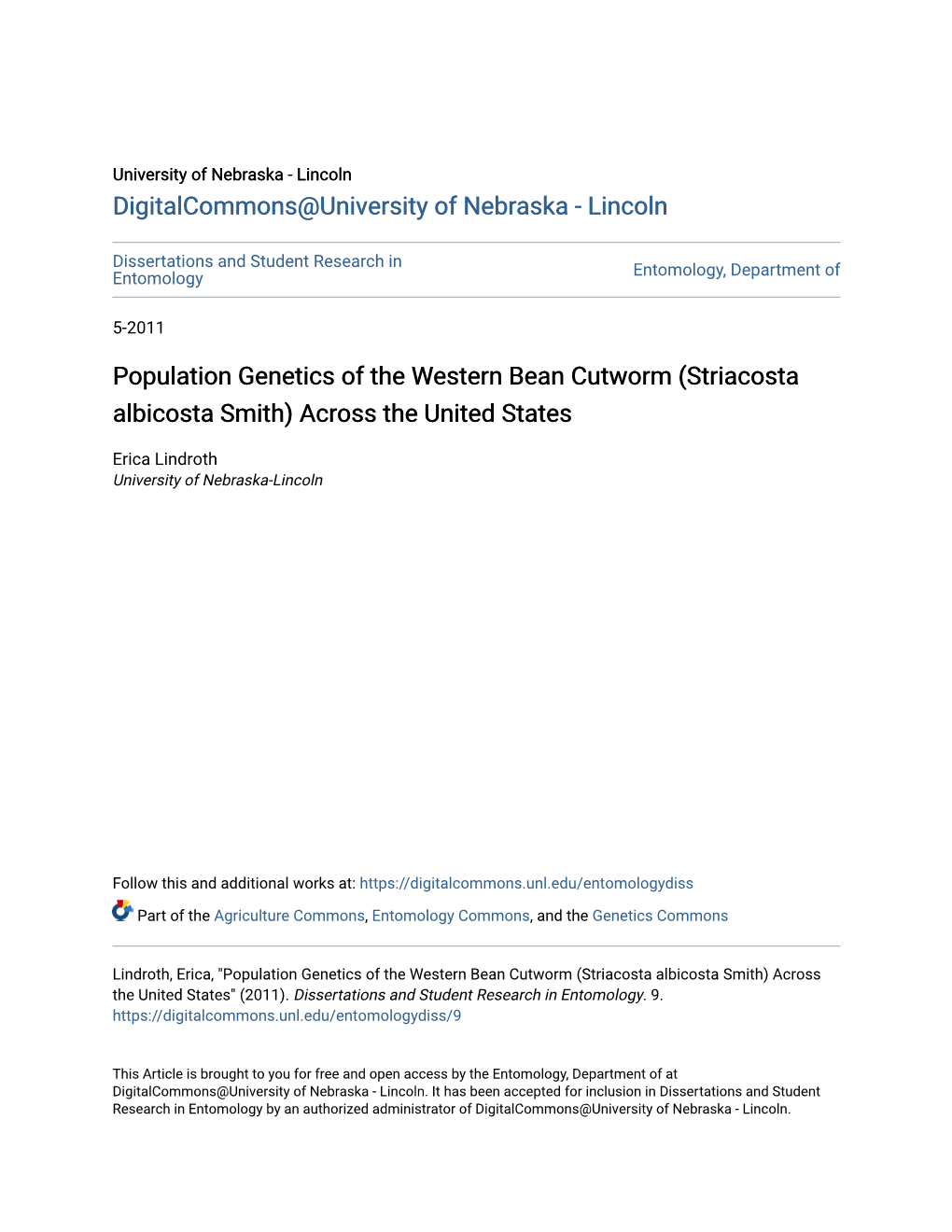 Population Genetics of the Western Bean Cutworm (Striacosta Albicosta Smith) Across the United States