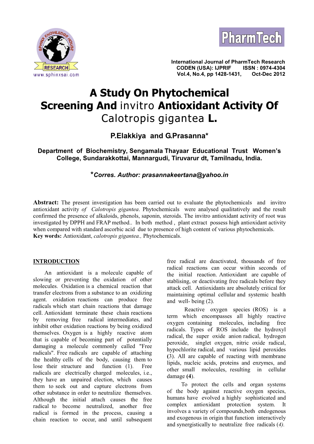 A Study on Phytochemical Screening and Invitro Antioxidant Activity of Calotropis Gigantea L