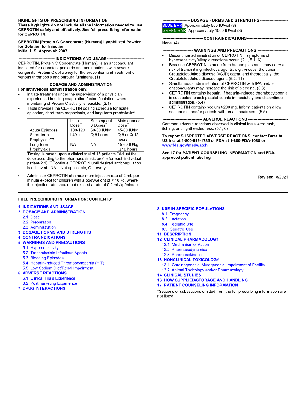 CEPROTIN [Protein C Concentrate (Human)] Lyophilized Powder None