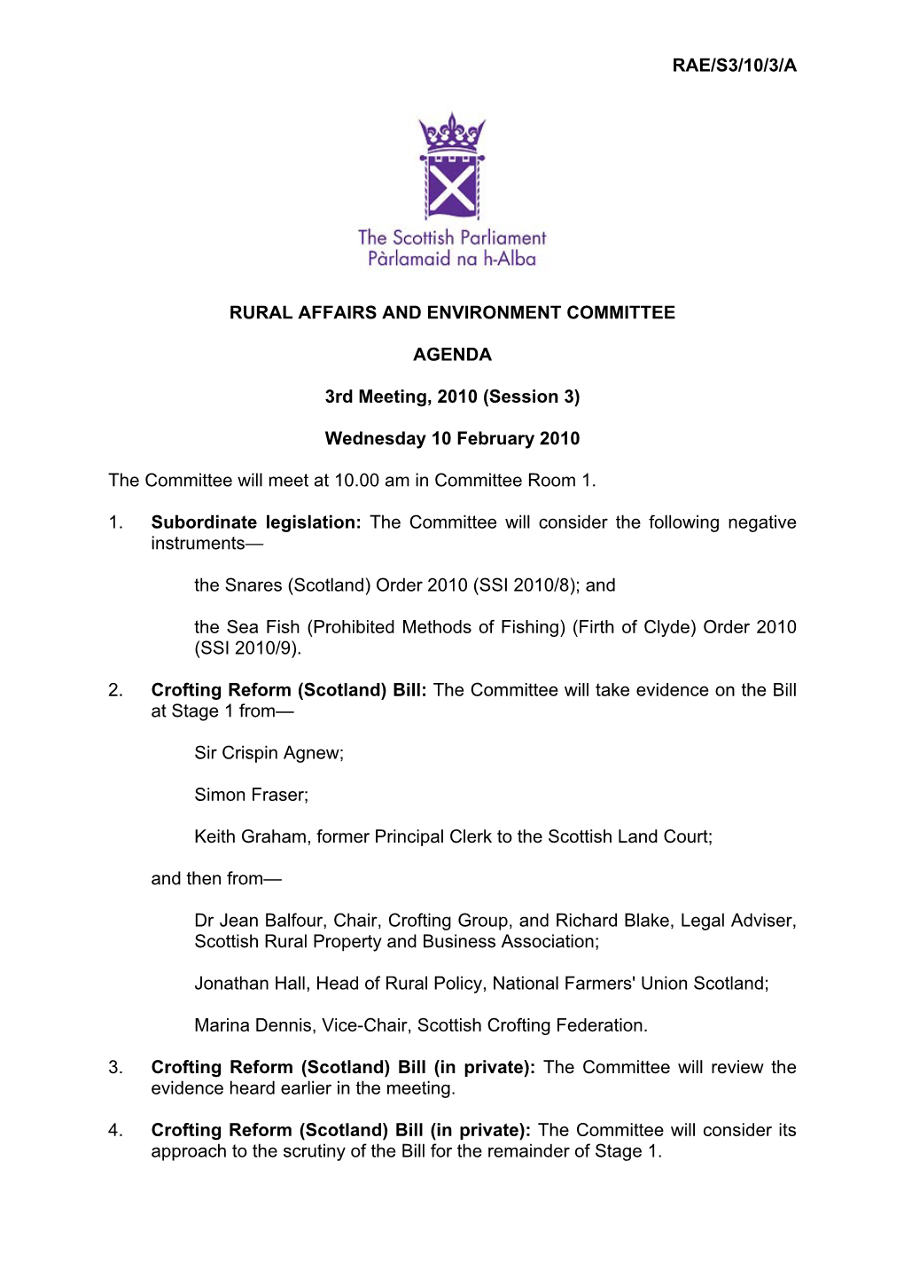 Rae/S3/10/3/A Rural Affairs and Environment Committee