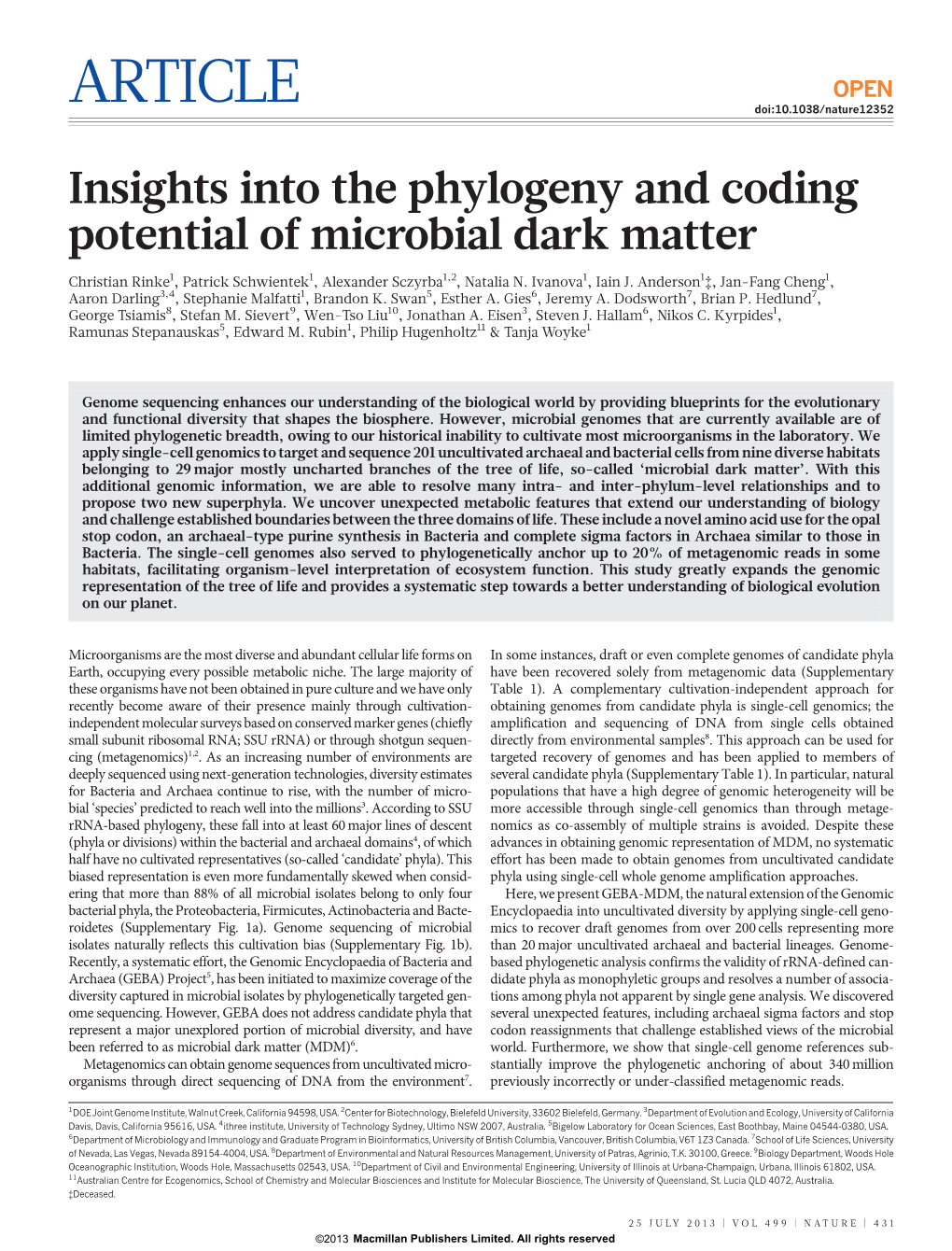 Insights Into the Phylogeny and Coding Potential of Microbial Dark Matter