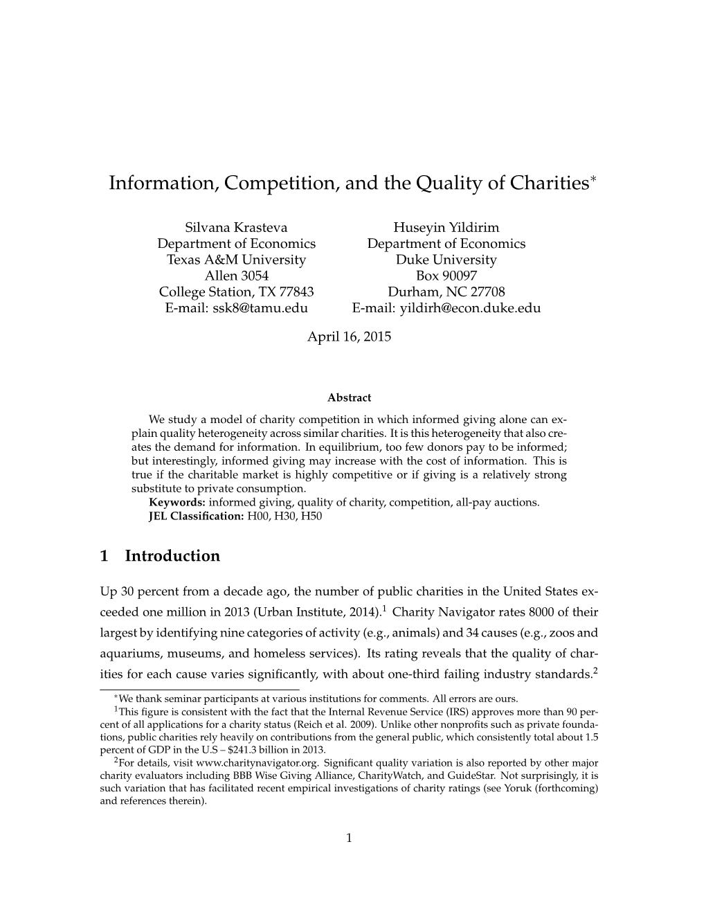 Information, Competition, and the Quality of Charities∗