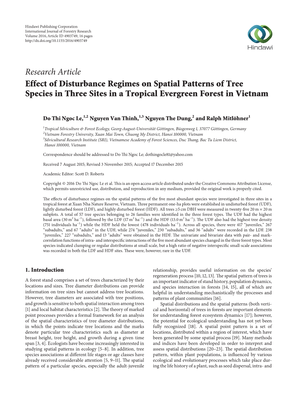 Effect of Disturbance Regimes on Spatial Patterns of Tree Species in Three Sites in a Tropical Evergreen Forest in Vietnam