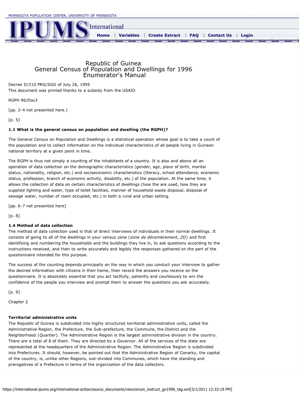 Republic of Guinea General Census of Population and Dwellings for 1996 Enumerator's Manual