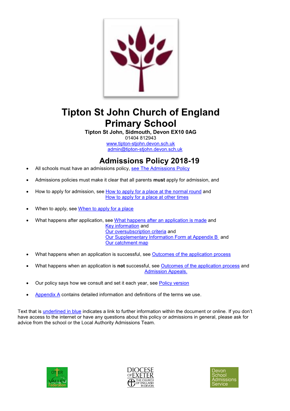 Tipton St John Church of England Primary School Faith Supplementary Information Form 2018-19